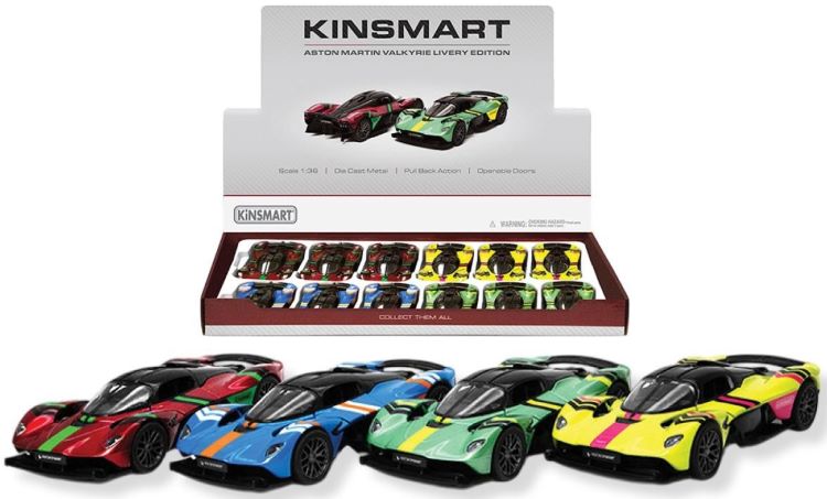 KINSMART – Aston Martin Valkrie Livery Edition – Modellino 12,5cm c/porte apribili – c/pull-back and go In espo da 12pz (41x28cm) 6ass…x12…x48